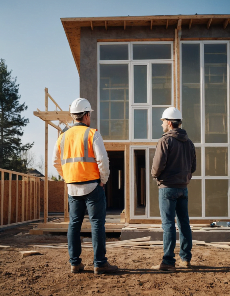 Two men in front of a house under construction, wearing hard hats and discussing the building progress.