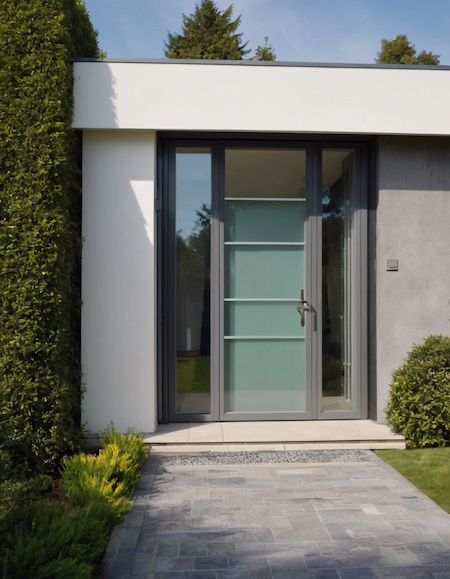 A renovated modern home featuring a glass door and a stone walkway, blending contemporary design with natural elements.