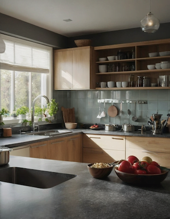An updated kitchen with sleek wooden cabinets and a sink, reflecting the transformation of a renovation project.